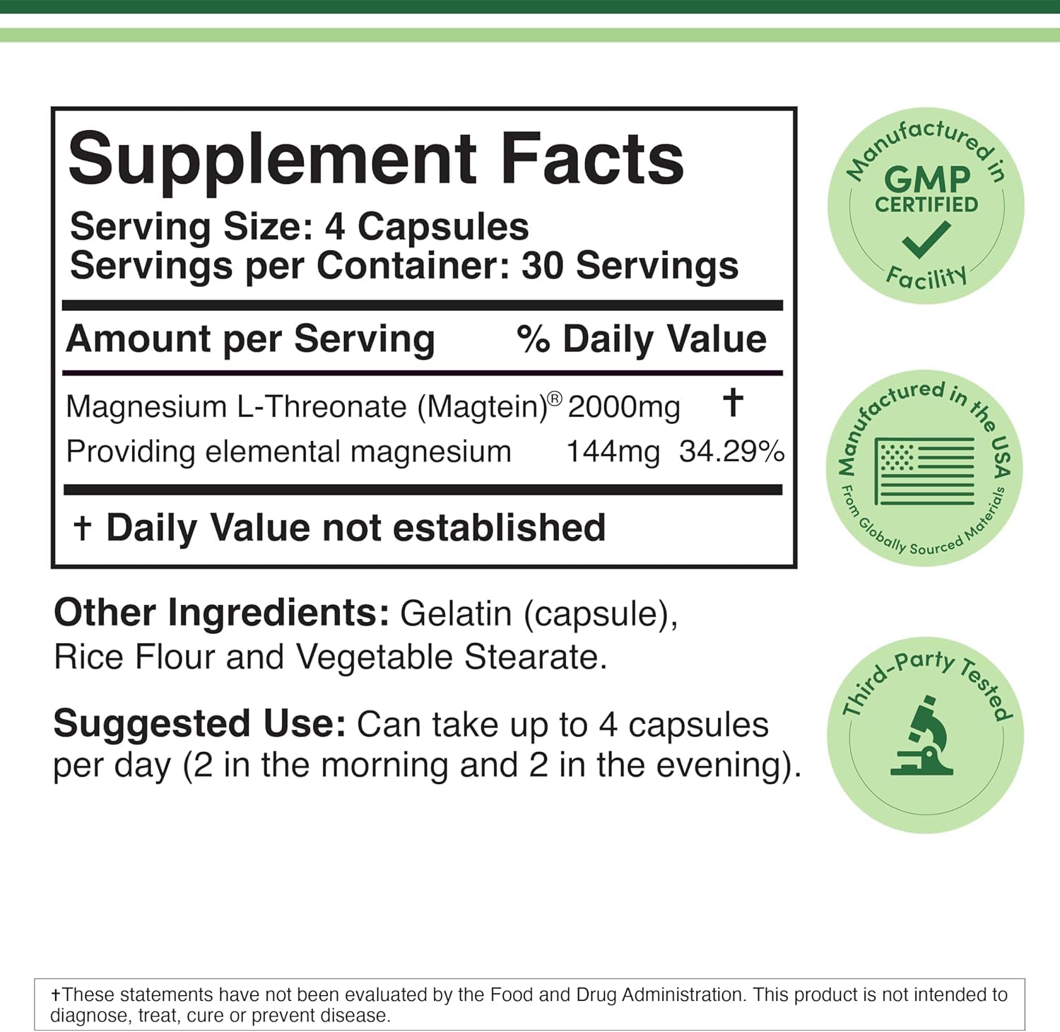 Magnesium L Threonate, Magtein - NSF Certified - Sleep and Cognitive Support – High Absorption – Most Bioavailable Form of Magnesium – 2,000 mg – 120 Capsules - Image 2