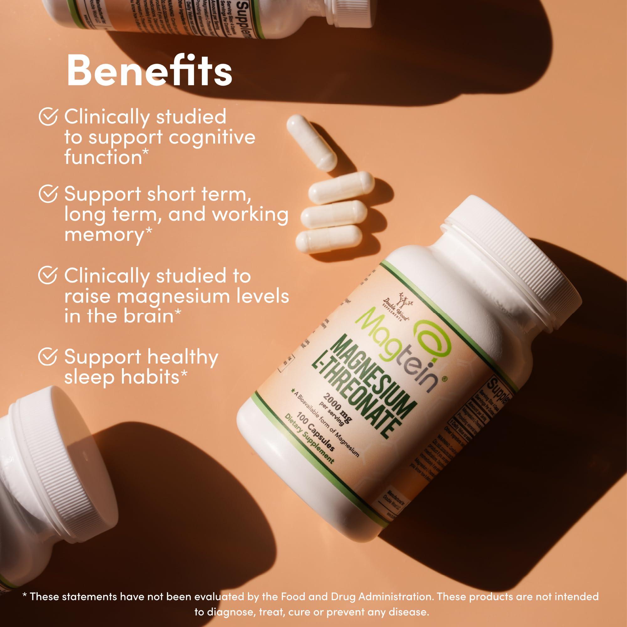 Magnesium L Threonate, Magtein™, Sleep and Cognitive Support – High Absorption – Most Bioavailable Form of Magnesium – 2,000 mg – 100 Capsules - Image 3