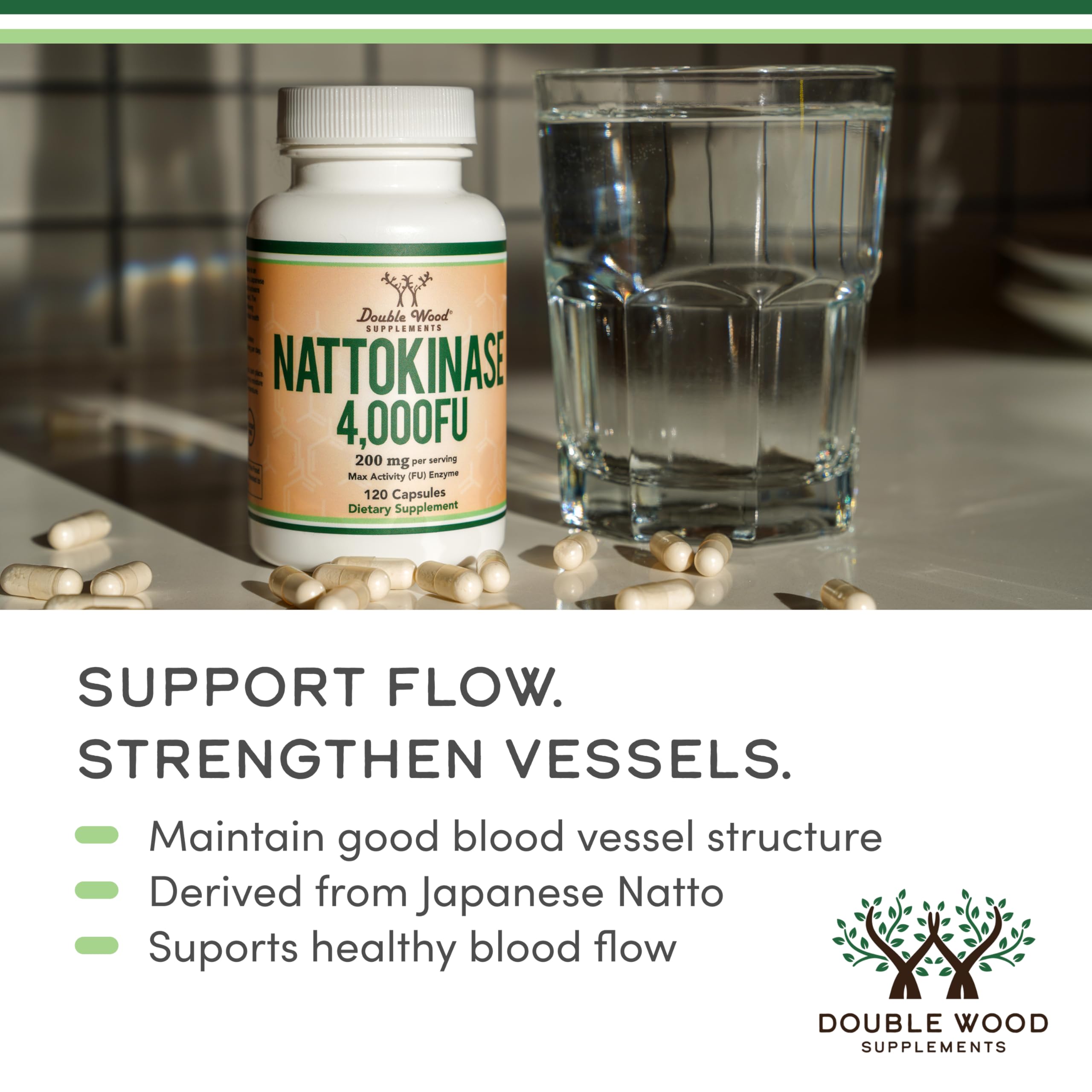 Nattokinase Supplement 4,000 FU Servings, 120 Capsules (Derived from Japanese Natto) Systemic Enzymes for Cardiovascular and Circulatory Support by Double Wood - Image 4