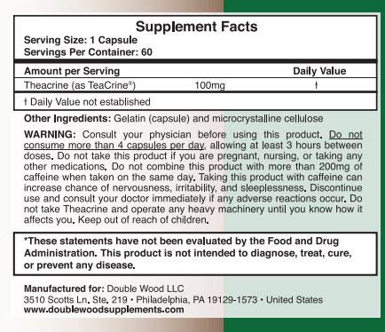 Theacrine (Teacrine) 100 Mg, 60 Capsules - Energy and Focus Supplement (Similar to Caffeine Pills but More Subtle and Longer Lasting) Non-GMO and Gluten Free by Double Wood - Image 5